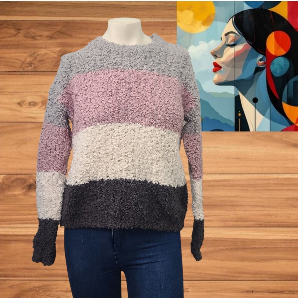 Hippie‎ Rose Textured Striped Sweater in Pink, Gray, and White Sz S